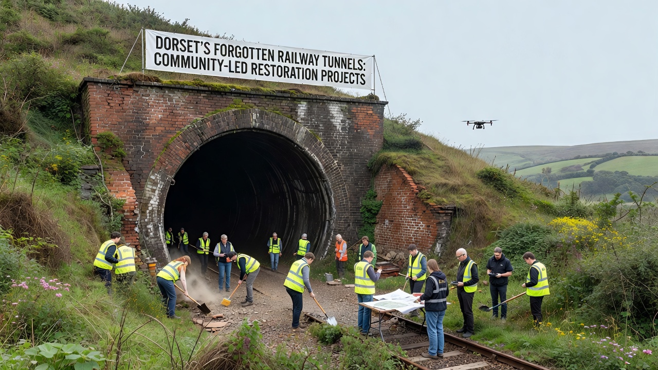Volunteers working on tunnel restoration with safety gear and equipment in Dorset