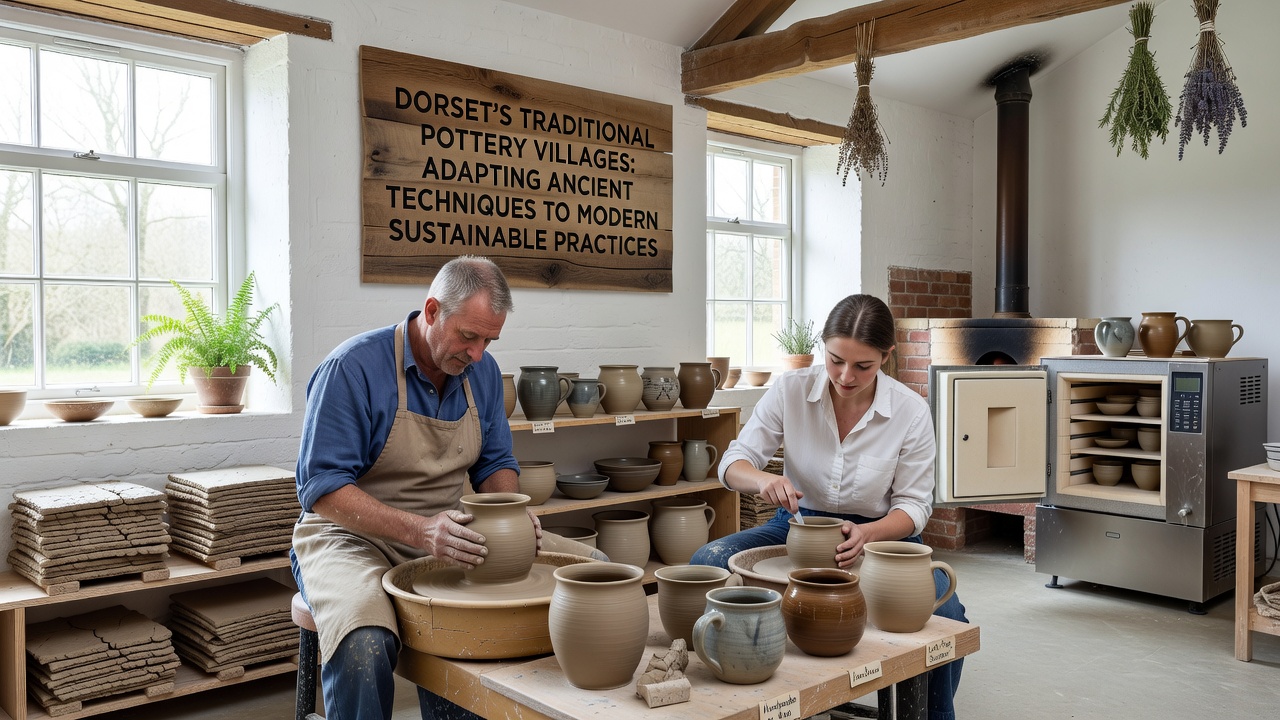 Modern sustainable pottery workshop in Dorset showing recycled clay processing and energy-efficient kilns